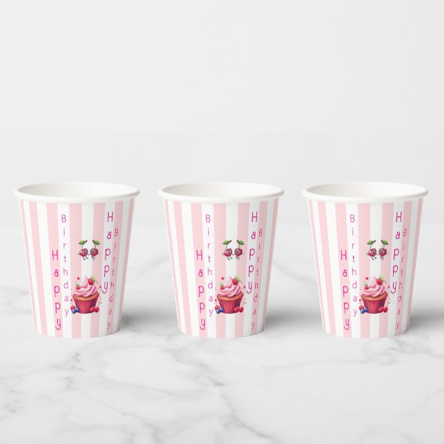 Papierbecher Rosa & Weiß gestreift Geburtstag (Multi)