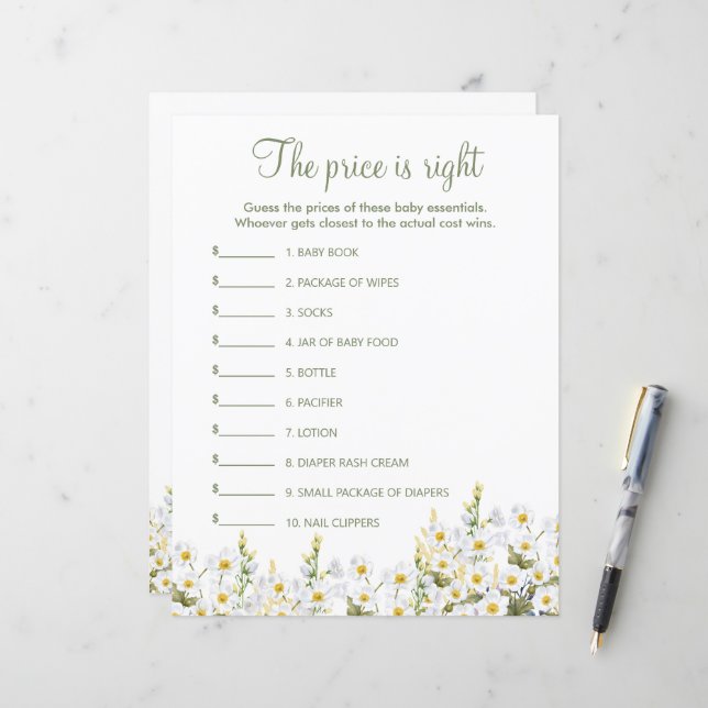 Papierblatt des Babyduschspiels. (Vorderseite/Rückseite Beispiel)