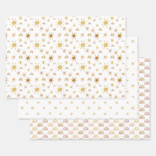 Papierblätter aus gelbem Sonnenschein und Regenbog Geschenkpapier Set
