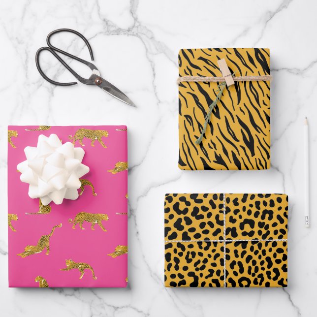 Papierblätter aus rosa und goldenem Leopard Geschenkpapier Set (Vorderseite)