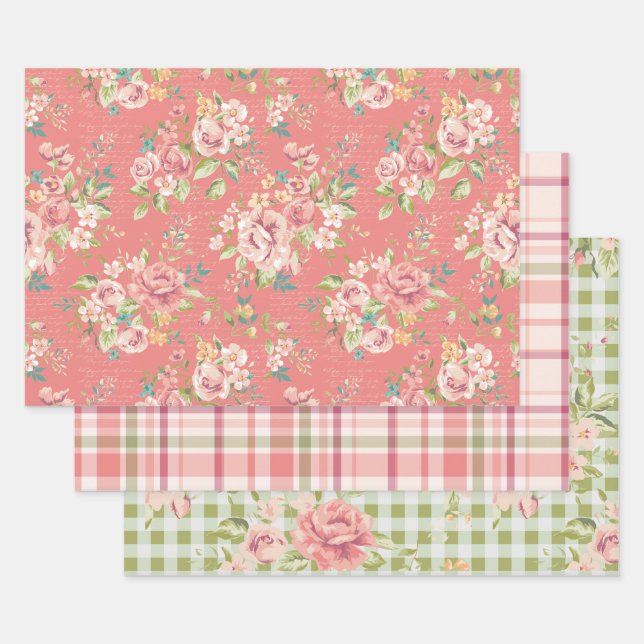 Papierblätter aus rosa und grünem Blumenmuster Geschenkpapier Set (Set)