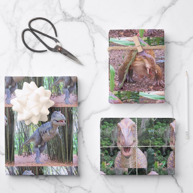 Papierblätter für Dinosaurier - 3 Designs Geschenkpapier Set (Vorderseite)