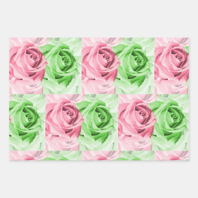 Papierblätter für rosa und grüne Rose Geschenkpapier Set (Vorderseite)