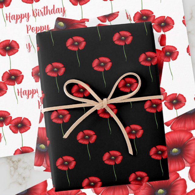 Papierblätter für Schwarz und Rot Geschenkpapier Set (A trio of poppy theme wrapping paper sheets with space on one to add your own text)