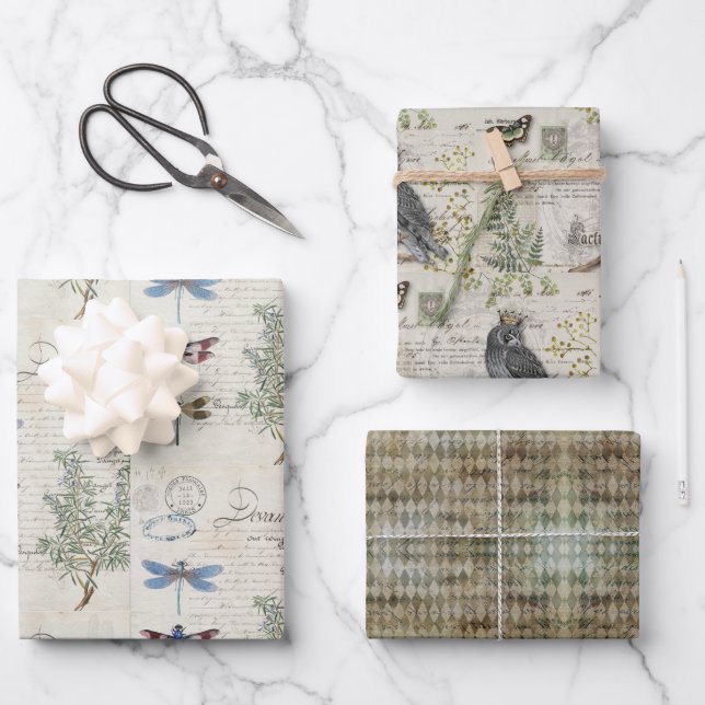 Papierblätter - Muster Beige Blau Geschenkpapier Set (Vorderseite)