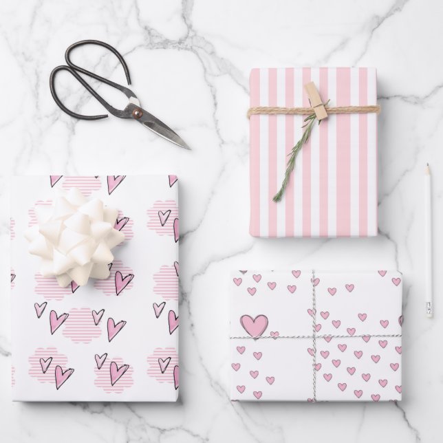 Papierblätter umhüllen Valentins rosa Herzen Geschenkpapier Set (Vorderseite)