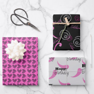 Papierblätter zum Hot-Rosa- und Black-Geburtstag Geschenkpapier Set