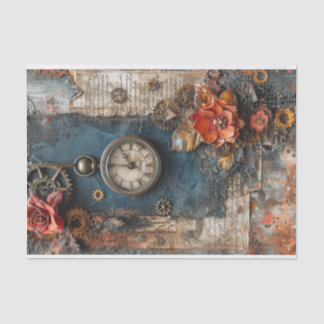 Papierblumen, Uhr und Zahnräder Mixed Media Seidenpapier