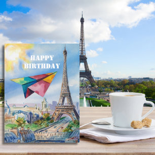 Papierflugzeug in Paris, farbenfroh, wasserfarbig Postkarte