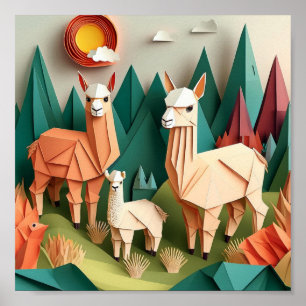 Papierkunst Origami Alpakas Szene 3D Poster
