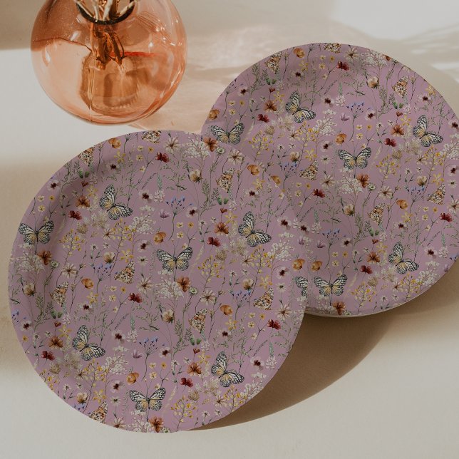 Papierplatte aus rosa Wildblume Pappteller (Dusty Pink Wildflower Butterflies Paper Plates by Painted Paperie
)