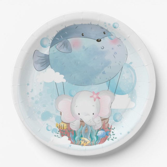 PAPIERPLATTE: BABY ELEPHANT & PUFFER FISH BALLOON PAPPTELLER (Vorderseite)