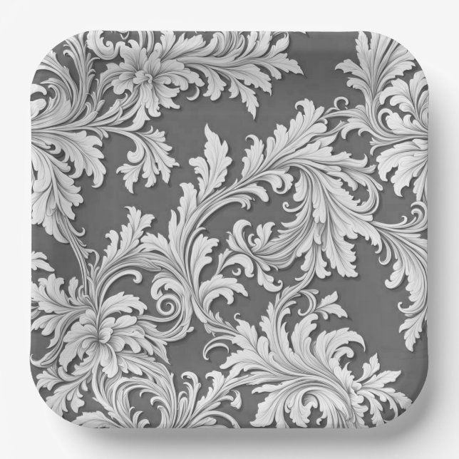 Papierplatte Damask Design Grau Schwarz & Weiß Pappteller (Vorderseite)