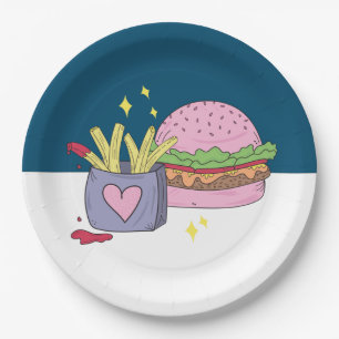 Papierplatte für niedliche rosa Burger und Fries- Pappteller