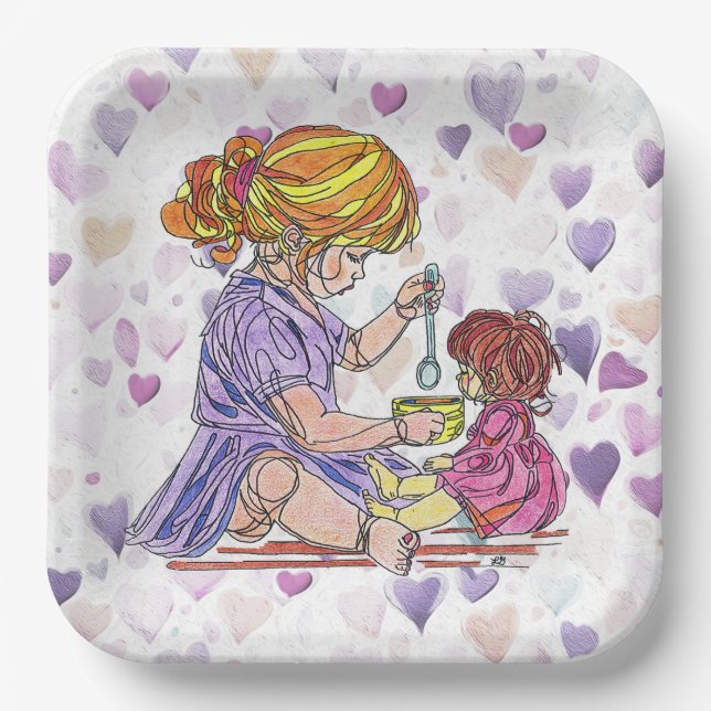 Papierplatte Kleine Girl und Baby Puppe Pappteller (Vorderseite)