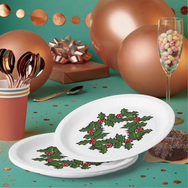 Papierplatte - Kranz von Holly-Blätter und Berries Pappteller (Multi)