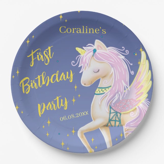 Papierplatte mit dem Bild eines sanften Einhorns Pappteller (Vorderseite)