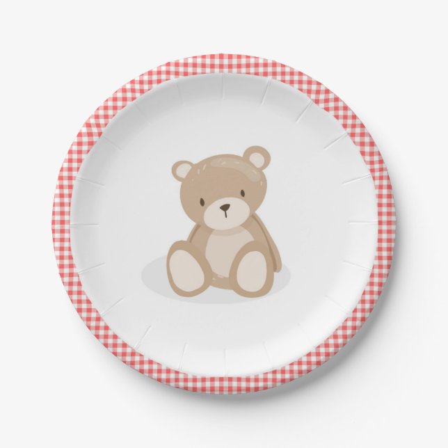 Papierplatte Picnic Teddy Bear Red Gingham Birthda Pappteller (Vorderseite)