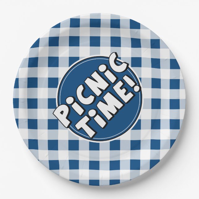 Papierplatte Picnic Time Blue Gingham Muster Pappteller (Vorderseite)