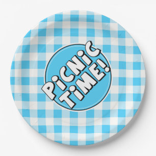 Papierplatte Picnic Time Light Blue Gingham Muster Pappteller