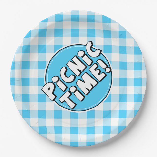 Papierplatte Picnic Time Light Blue Gingham Muster Pappteller (Vorderseite)
