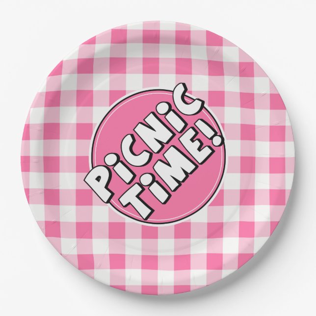 Papierplatte Picnic Time Pink Gingham Muster Pappteller (Vorderseite)