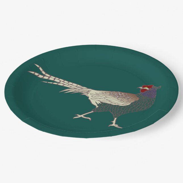 Papierplatte Vintag Retro Pheasant Vogeltürkis Pappteller (Schrägansicht)