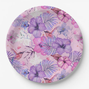 PAPIERPLATTE:  WASSERCOLOR HIBISKUS & HUMMINGBIREN PAPPTELLER