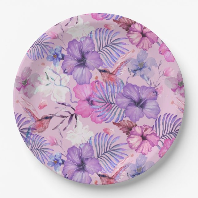 PAPIERPLATTE:  WASSERCOLOR HIBISKUS & HUMMINGBIREN PAPPTELLER (Vorderseite)