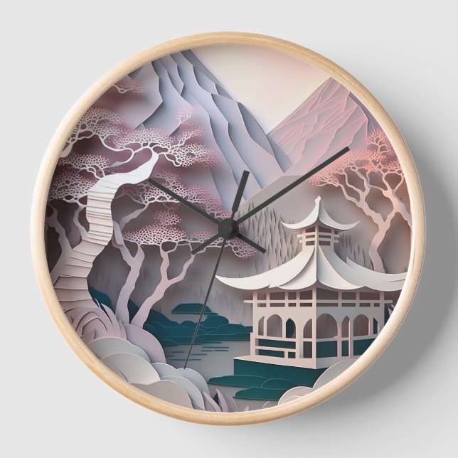 Papierschnitt-Pavillon-Landschaft-Wanduhr Uhr (Vorderseite)
