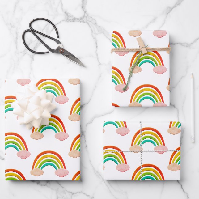 Papierschnitt Regenbogen und rosa Wolken Geschenkpapier Set (Vorderseite)