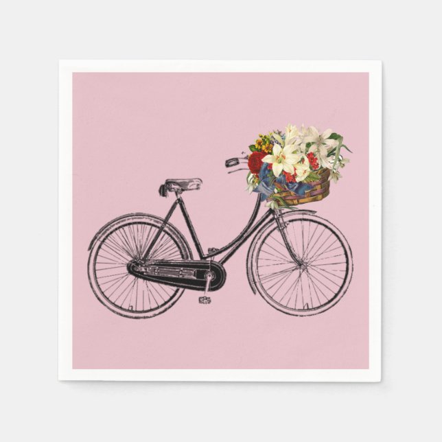 Papierservietten, Blume mit weißem Fahrrad, rosa Serviette (Vorderseite)