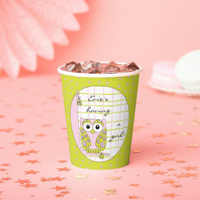 Papiersorten "Pink/Green Owl" 8 oz. Pappbecher (Insitu)
