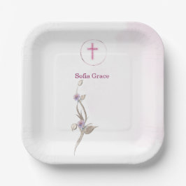 Papiertafel mit weichrosa Kreuz- und Blumenspalte Pappteller