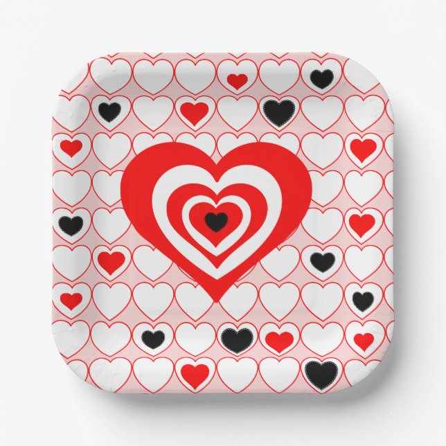 Papiertüte aus rotem, weißem, schwarzem Valentinhe Pappteller (Vorderseite)