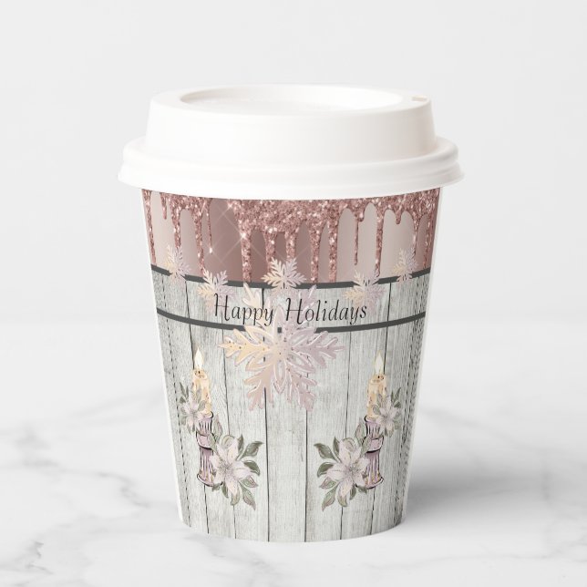 Papiertüten mit 8 Kerzen, Schneeflocken und Glitze Pappbecher (Vorderseite)