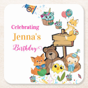 Papieruntersetzer Happy Birthday Fuchs Vogel Küken Rechteckiger Pappuntersetzer