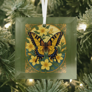 Papilio glaucus Butterfly mit gelbem Jasmin Ornament Aus Glas