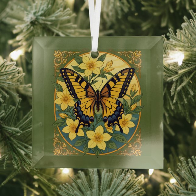 Papilio glaucus Butterfly mit gelbem Jasmin Ornament Aus Glas (Insitu)
