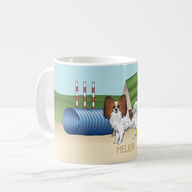 Papillon-Agility-Hund mit Individuelle Name Kaffeetasse (Vorderseite Links)