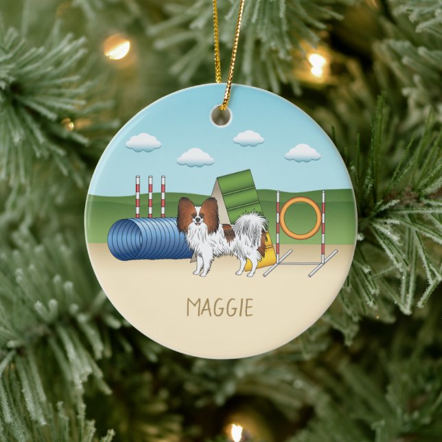 Papillon-Agility-Hund mit Individuelle Name Keramik Ornament (Baum)