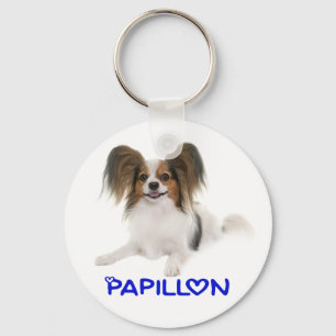 Papillon Braun und Weiß Welpenhund Blaue Liebe Schlüsselanhänger