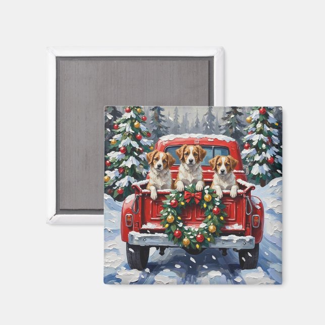 Papillon Christmas Red Truck Holiday Magnet (Vorderseite/Rückseite)