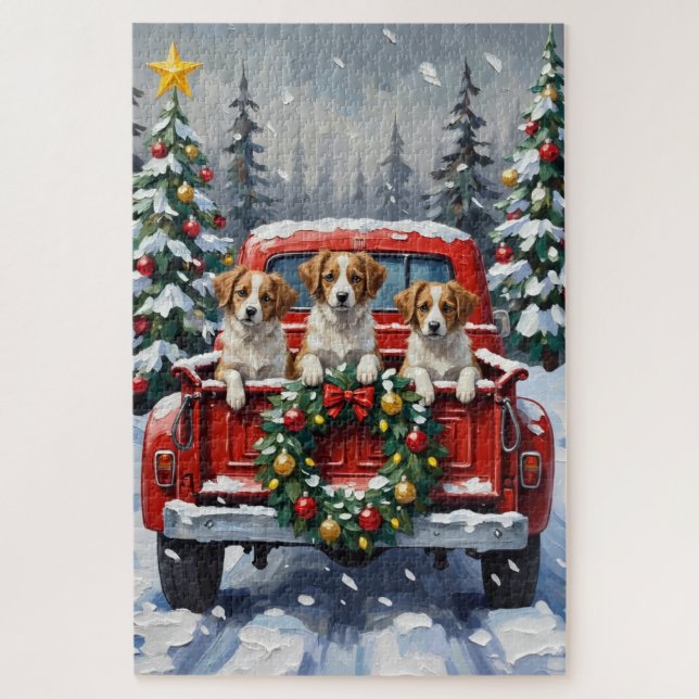 Papillon Christmas Red Truck Holiday Puzzle (Vertikal)
