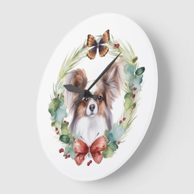 Papillon Christmas Wreath Festive Pup Große Wanduhr (Winkel)