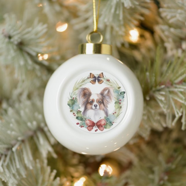 Papillon Christmas Wreath Festive Pup Keramik Kugel-Ornament (Baum)