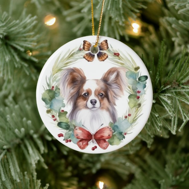 Papillon Christmas Wreath Festive Pup Keramik Ornament (Baum)