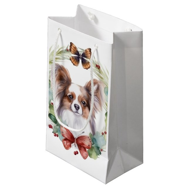 Papillon Christmas Wreath Festive Pup Kleine Geschenktüte (Vorderseite Schrägansicht)