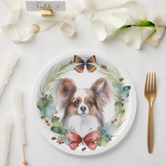 Papillon Christmas Wreath Festive Pup Pappteller (Hochzeit)