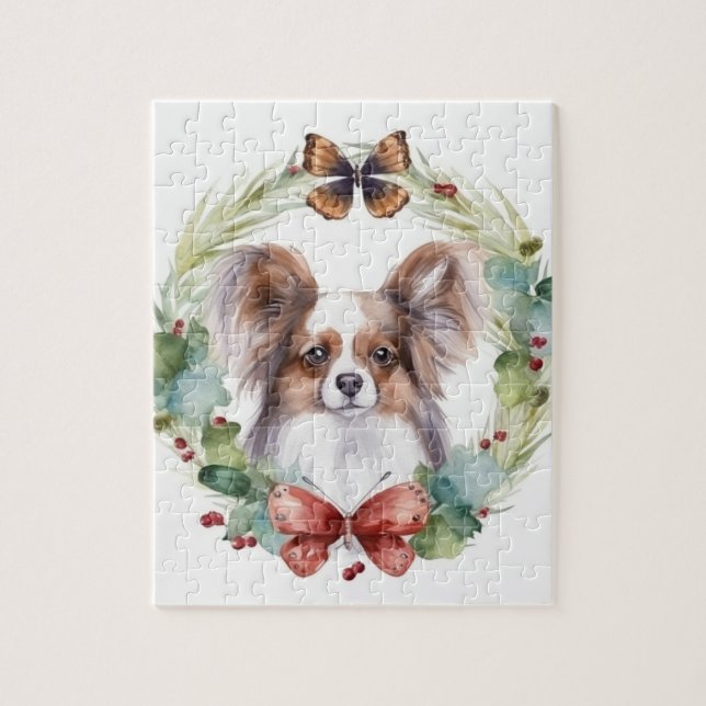 Papillon Christmas Wreath Festive Pup Puzzle (Vertikal)